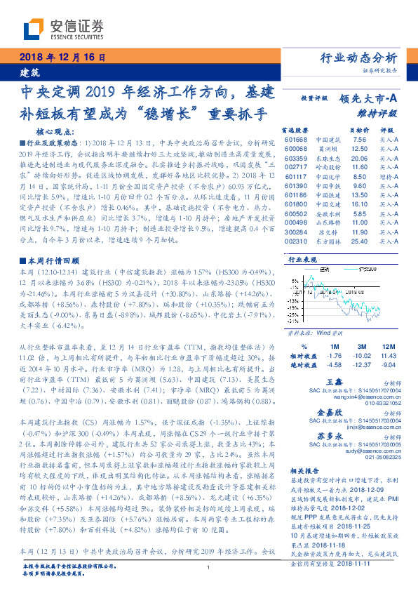 建筑行业动态分析：中央定调2019年经济工作方向，基建补短板有望成为“稳增长”重要抓手