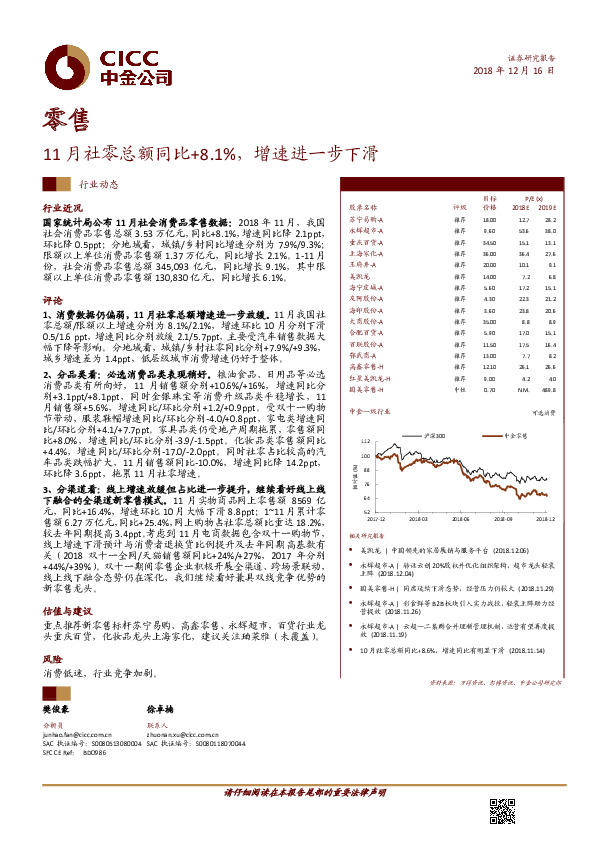 零售行业动态：11月社零总额同比+8.1%，增速进一步下滑