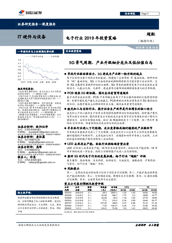 电子行业2019年投资策略：5G景气周期、产业升级细分龙头及低估值白马