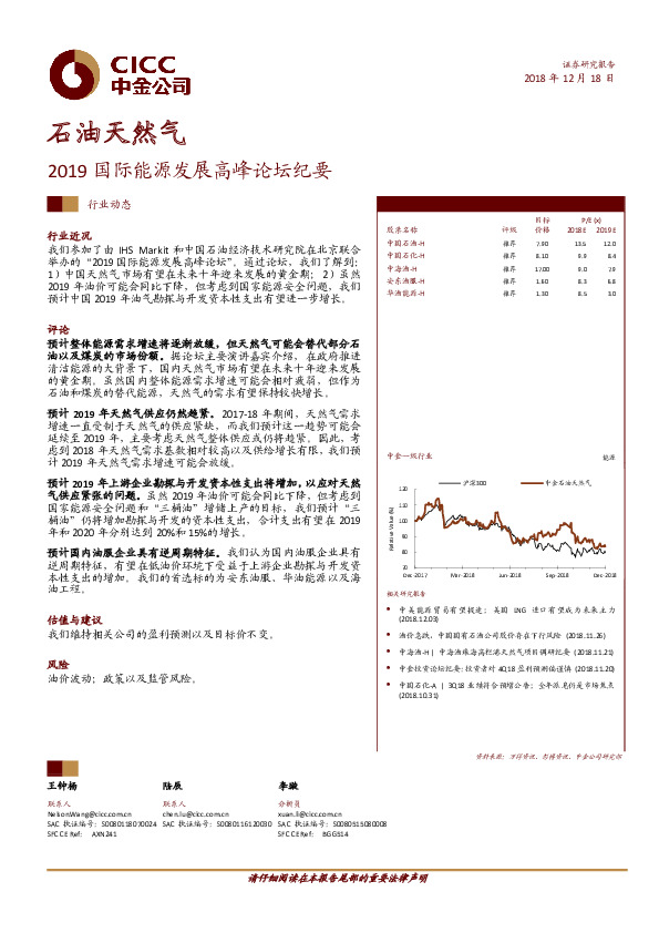 石油天然气行业动态：2019国际能源发展高峰论坛纪要