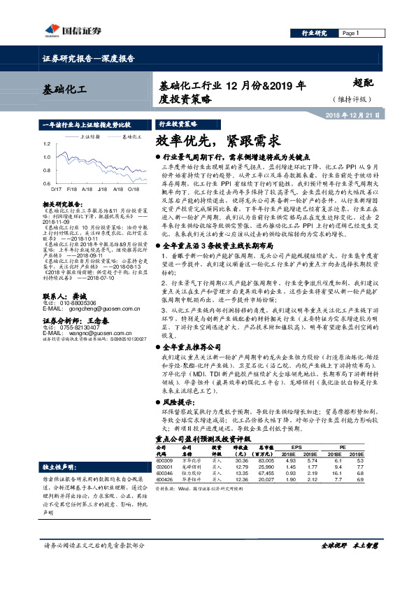 基础化工行业12月份&2019年度投资策略：效率优先，紧跟需求