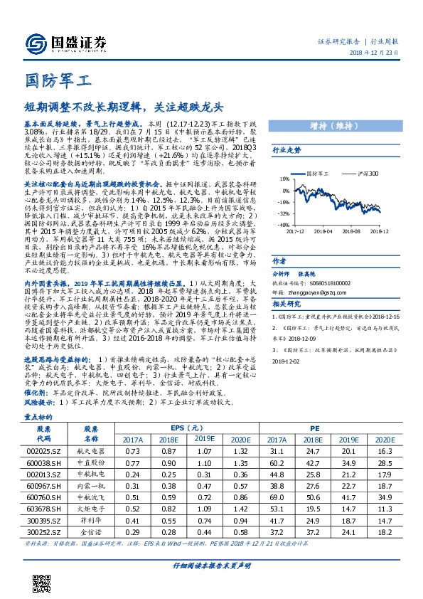国防军工行业周报：短期调整不改长期逻辑，关注超跌龙头