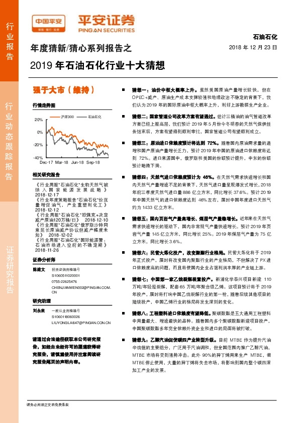 年度猜新/猜心系列报告之：2019 年石油石化行业十大猜想