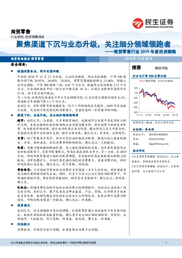 商贸零售行业2019年度投资策略：聚焦渠道下沉与业态升级，关注细分领域领跑者