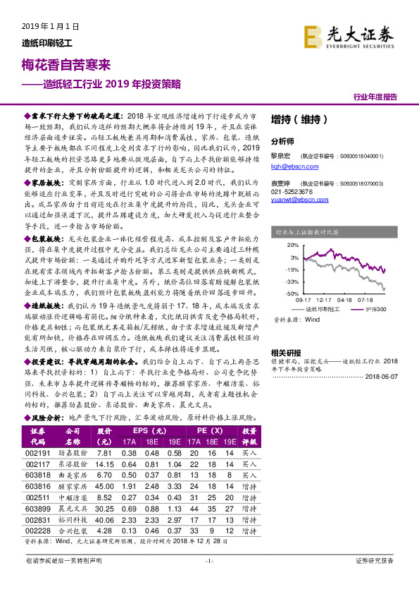 造纸轻工行业2019年投资策略：梅花香自苦寒来