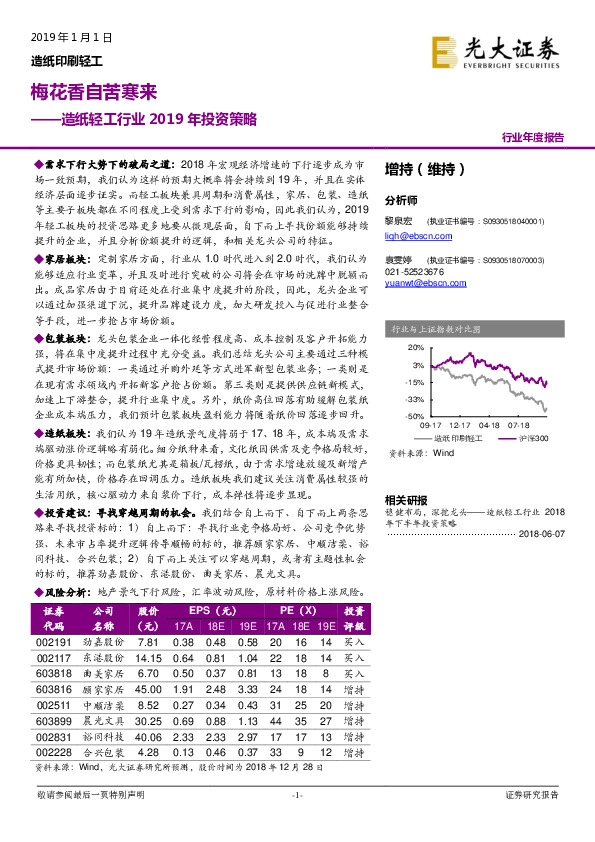 造纸轻工行业2019年投资策略：梅花香自苦寒来
