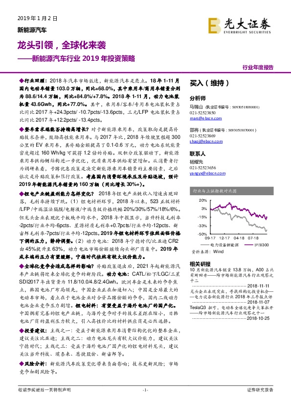 新能源汽车行业2019年投资策略：龙头引领，全球化来袭
