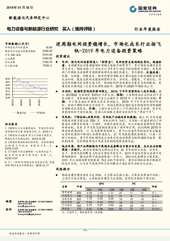 2019年电力设备投资策略：逆周期电网投资稳增长，市场化成长行业扬飞帆
