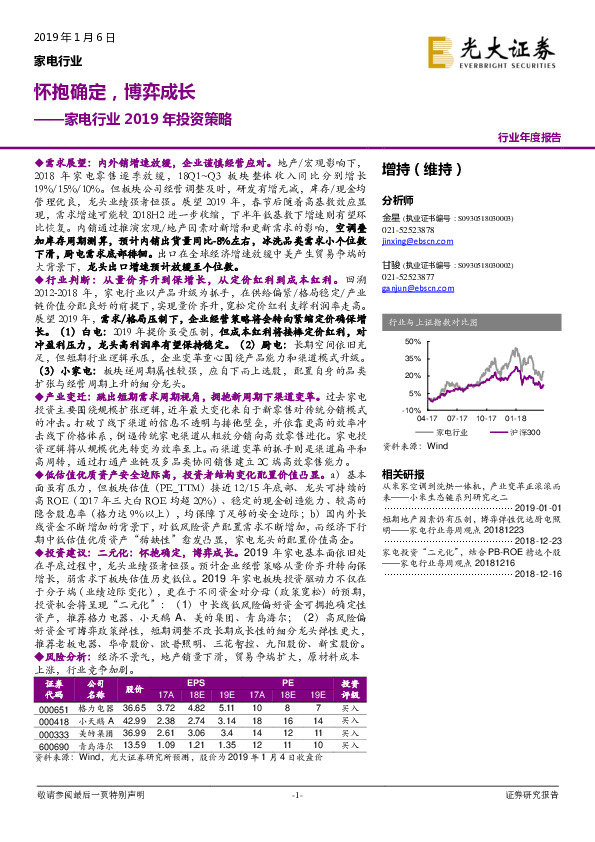 家电行业2019年投资策略：怀抱确定，博弈成长