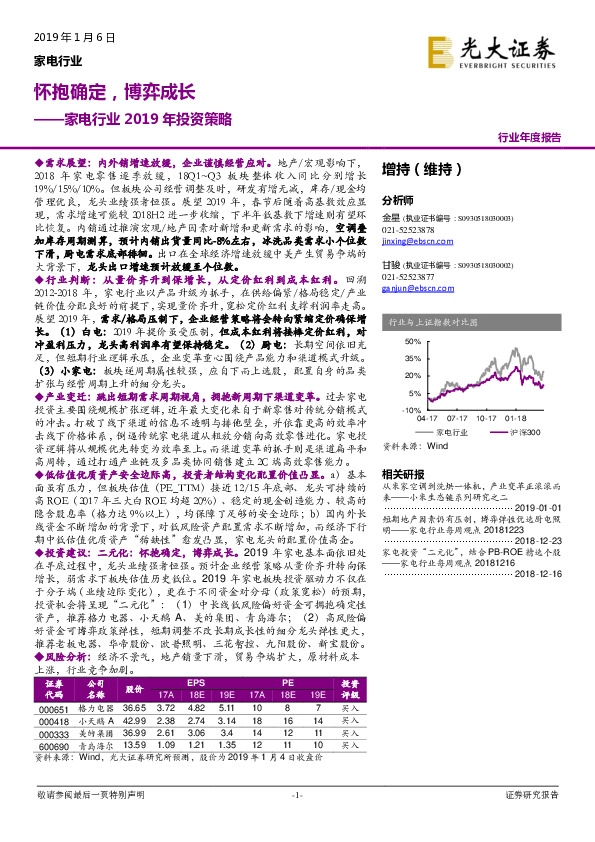 家电行业2019年投资策略：怀抱确定，博弈成长
