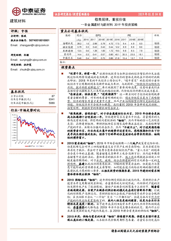 非金属建材与新材料2019年投资策略：敬畏规律，重视价值