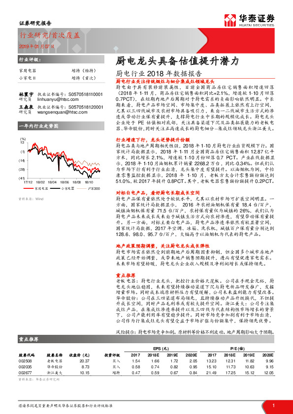 厨电行业2018年数据报告：厨电龙头具备估值提升潜力