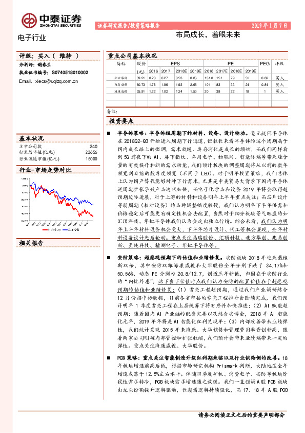 电子行业投资策略报告：布局成长，着眼未来