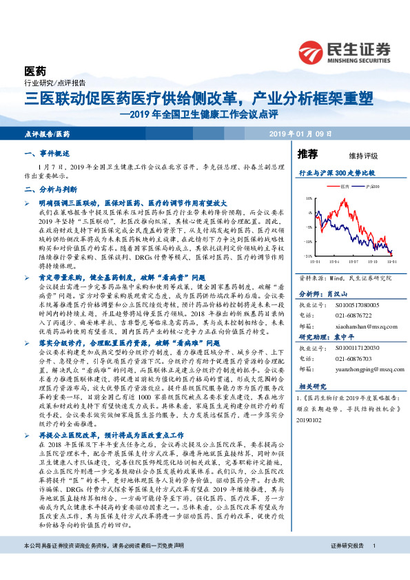 医药行业点评报告：2019年全国卫生健康工作会议点评-三医联动促医药医疗供给侧改革，产业分析框架重塑