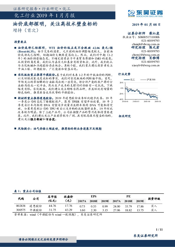 化工行业2019年1月月报：油价底部探明，关注高技术壁垒标的