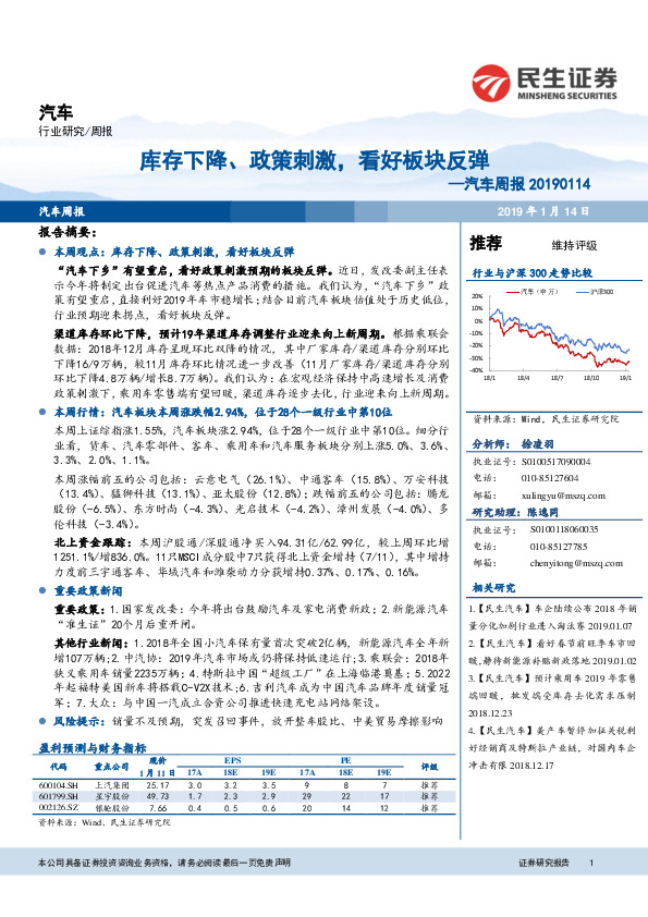 汽车周报：库存下降、政策刺激，看好板块反弹