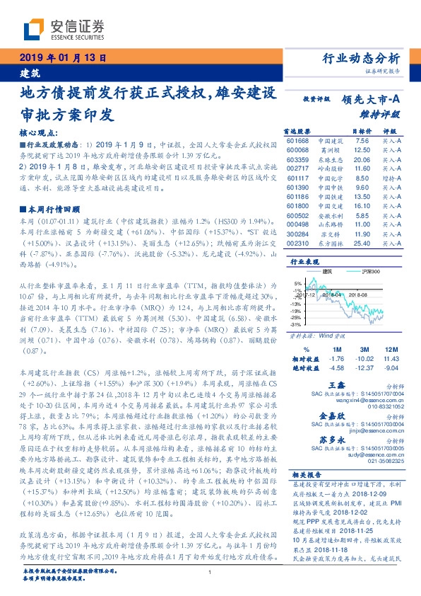 建筑行业动态分析：地方债提前发行获正式授权，雄安建设审批方案印发