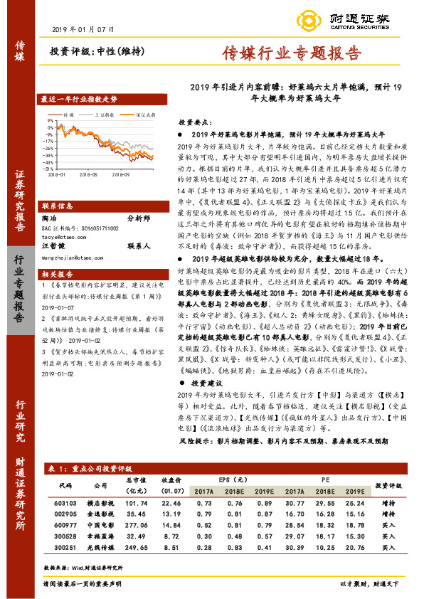 传媒行业专题报告：2019年引进片内容前瞻：好莱坞六大片单饱满，预计19年大概率为好莱坞大年