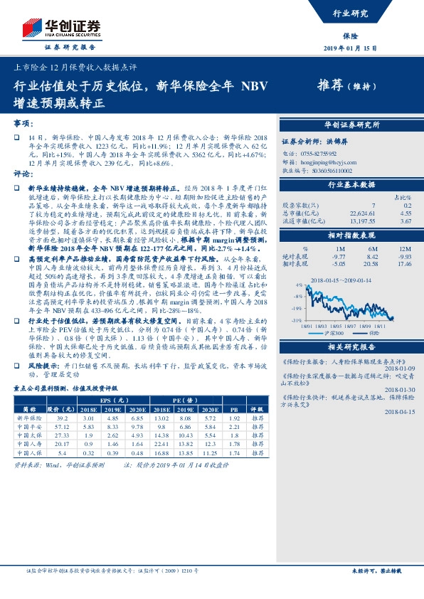 保险：上市险企12月保费收入数据点评：行业估值处于历史低位，新华保险全年NBV增速预期或转正