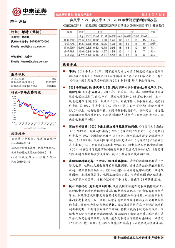 新能源点评11：能源局就《清洁能源消纳行动计划（2018-2020年）》答记者问-弃风率7.2%、弃光率3.0%，2018年新能源消纳持续改善