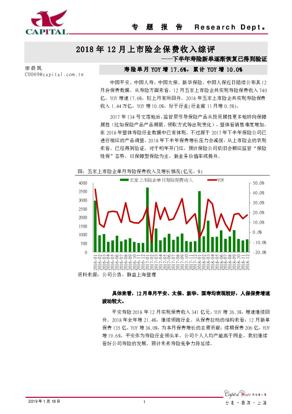 下半年寿险新单逐渐恢复已得到验证：2018年12月上市险企保费收入综评