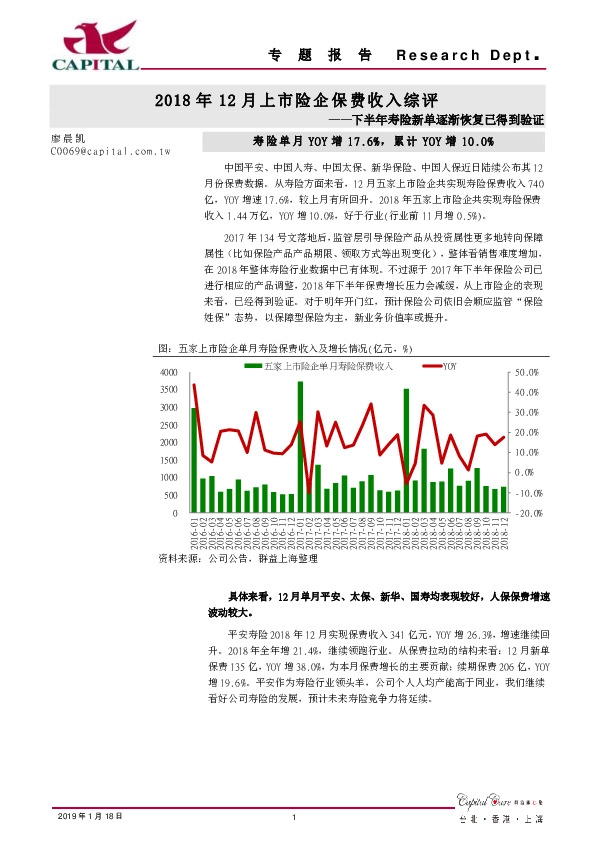 下半年寿险新单逐渐恢复已得到验证：2018年12月上市险企保费收入综评