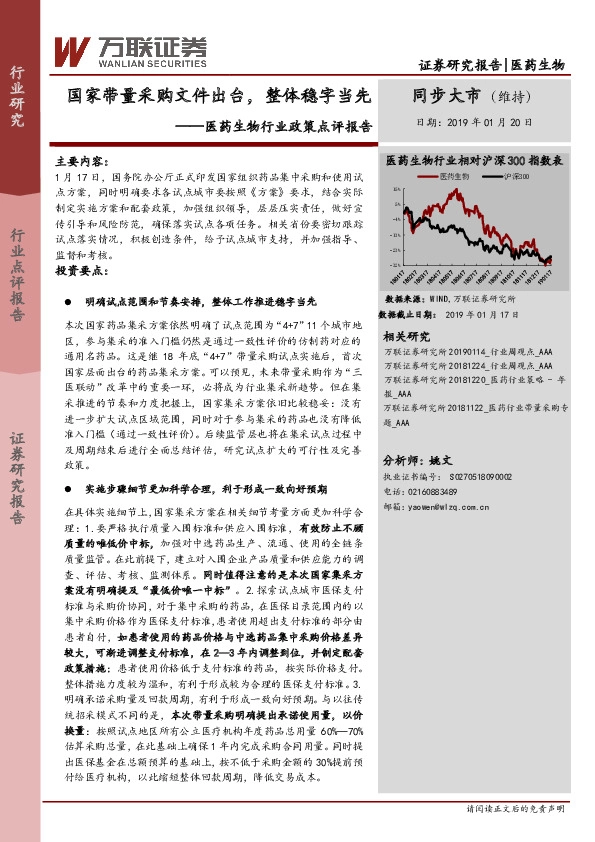 医药生物行业政策点评报告：国家带量采购文件出台，整体稳字当先
