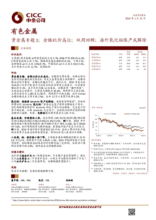 有色金属：贵金属专题1：金银比价高位；双周回顾：海外氧化铝限产或解除