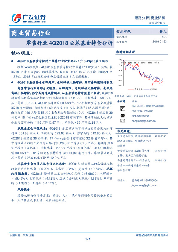 零售行业4Q2018公募基金持仓分析