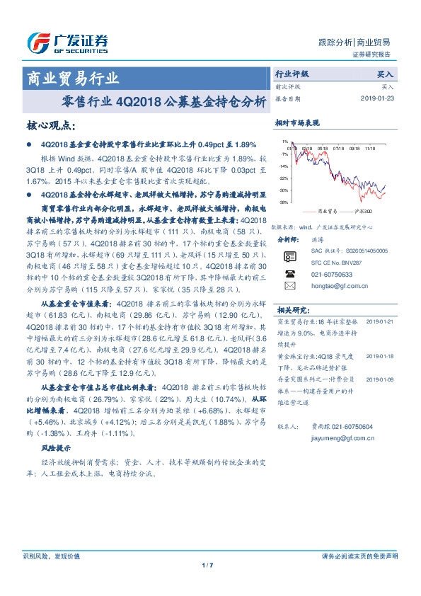 零售行业4Q2018公募基金持仓分析