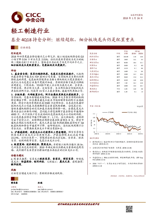 轻工制造行业动态：基金4Q18持仓分析-继续超配，细分板块龙头仍是配置重点