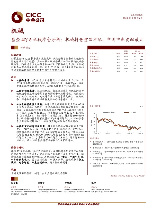 基金4Q18机械持仓分析：机械持仓重回标配，中国中车贡献最大