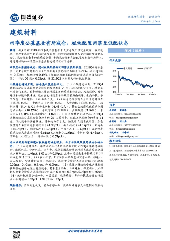 建筑材料：四季度公募基金有所减仓，板块配置回落至低配状态