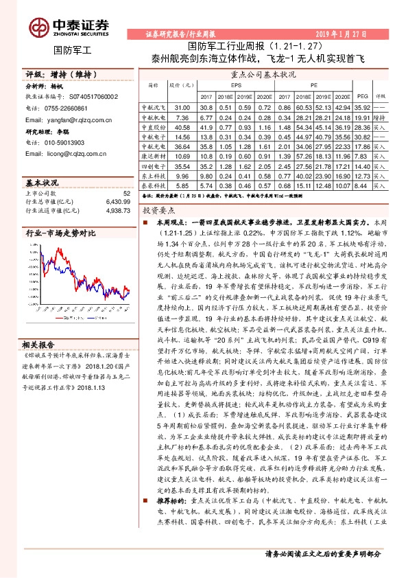 国防军工行业周报：泰州舰亮剑东海立体作战，飞龙-1无人机实现首飞