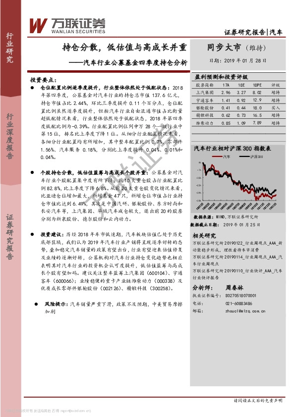汽车行业公募基金四季度持仓分析：持仓分散，低估值与高成长并重