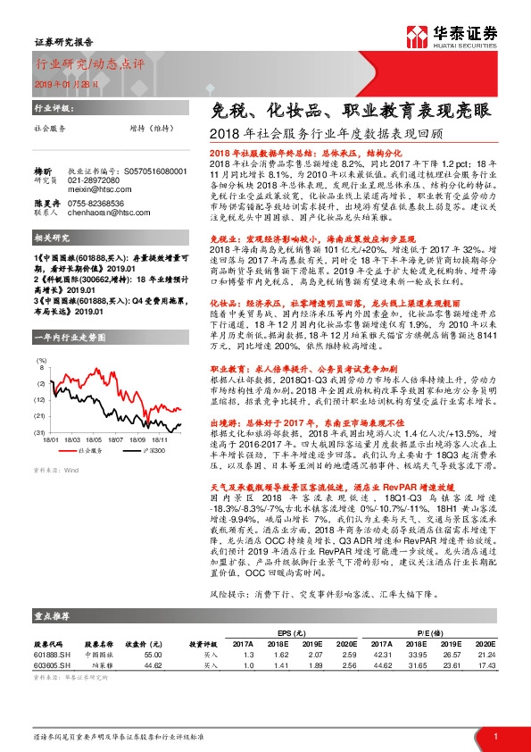 2018年社会服务行业年度数据表现回顾：免税、化妆品、职业教育表现亮眼