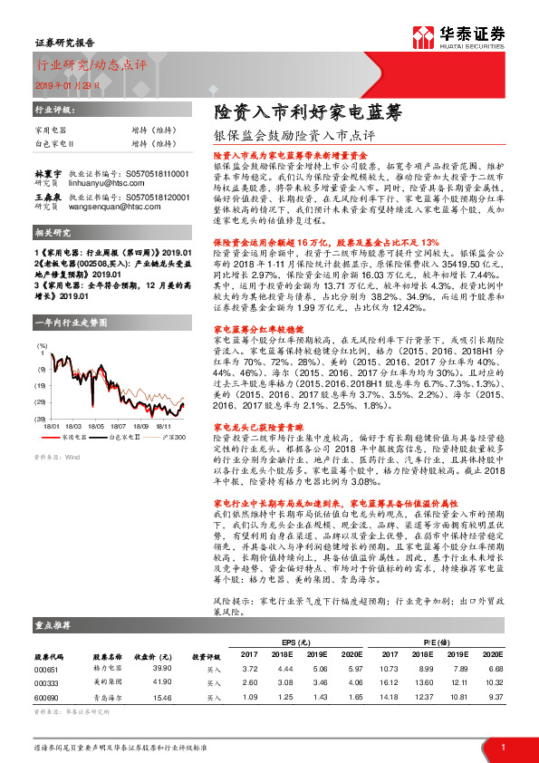 银保监会鼓励险资入市点评：险资入市利好家电蓝筹