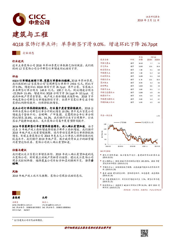 建筑与工程行业动态：4Q18装饰订单点评：单季新签下滑9.0%，增速环比下降26.7ppt