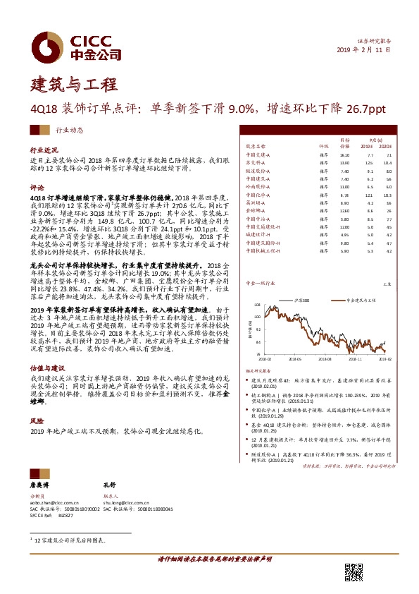 建筑与工程行业动态：4Q18装饰订单点评：单季新签下滑9.0%，增速环比下降26.7ppt