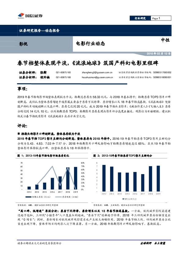 电影行业动态：春节档整体表现平淡，《流浪地球》筑国产科幻电影里程碑