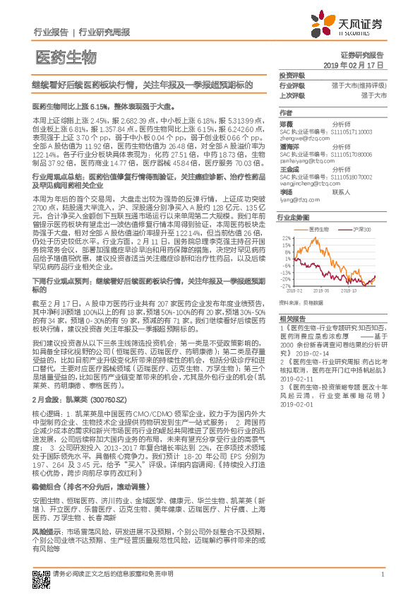 医药生物行业研究周报：继续看好后续医药板块行情，关注年报及一季报超预期标的