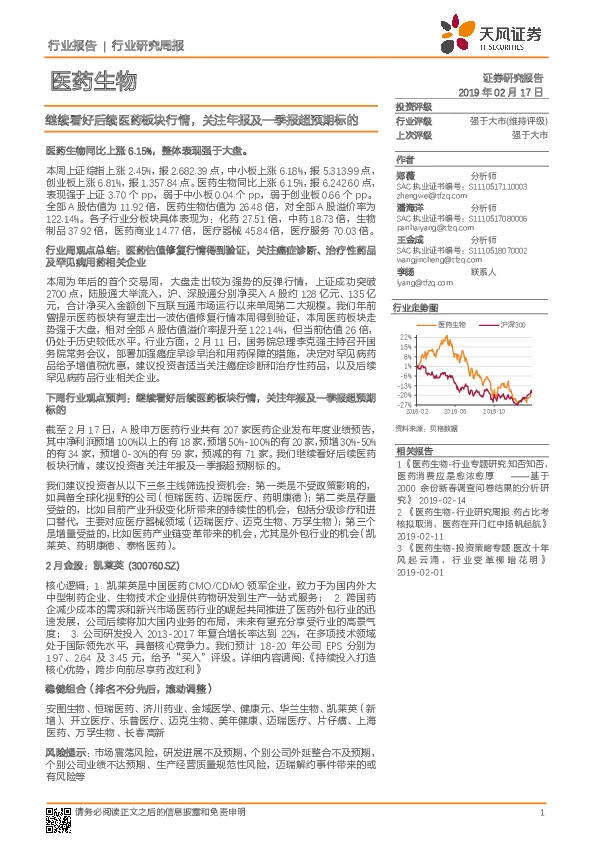 医药生物行业研究周报：继续看好后续医药板块行情，关注年报及一季报超预期标的