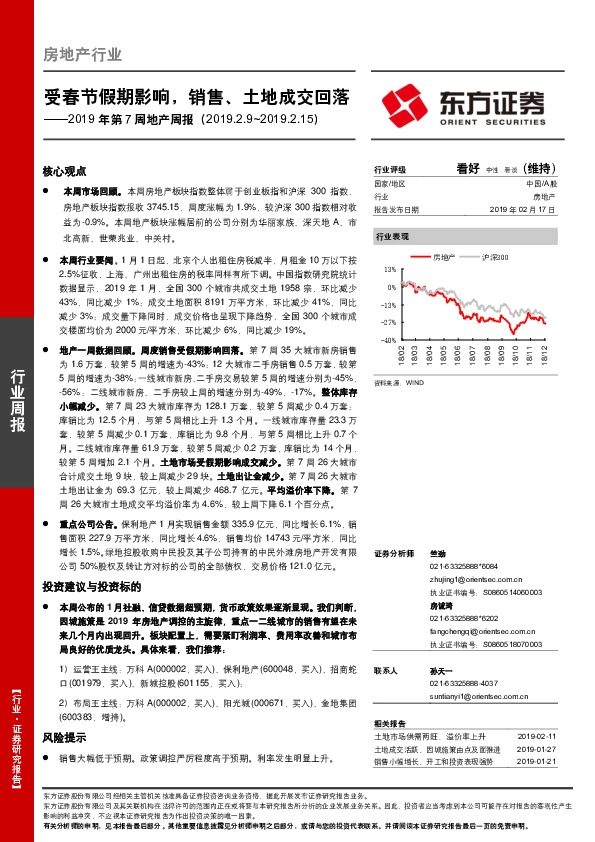 2019年第7周地产周报：受春节假期影响，销售、土地成交回落