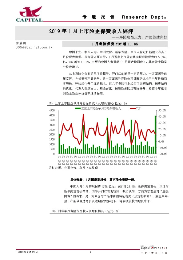 2019年1月上市险企保费收入综评：寿险略显压力，产险继续向好