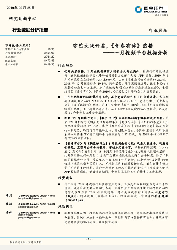 一月视频平台数据分析：综艺大战开启，《青春有你》热播