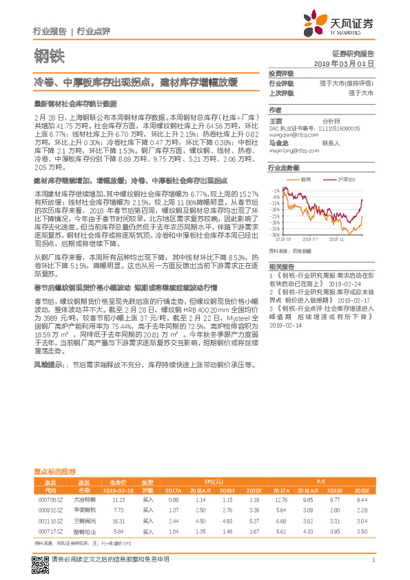 钢铁行业点评：冷卷、中厚板库存出现拐点，建材库存增幅放缓