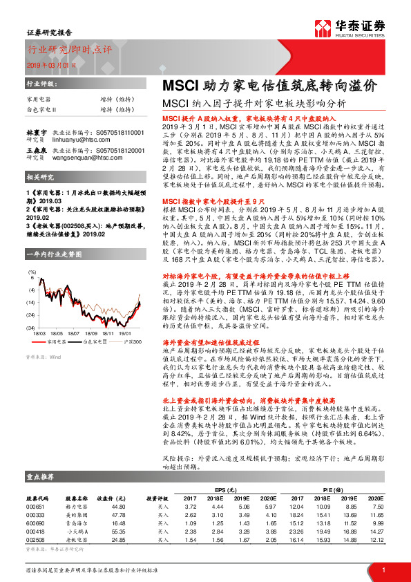 家用电器行业研究：MSCI纳入因子提升对家电板块影响分析-MSCI助力家电估值筑底转向溢价