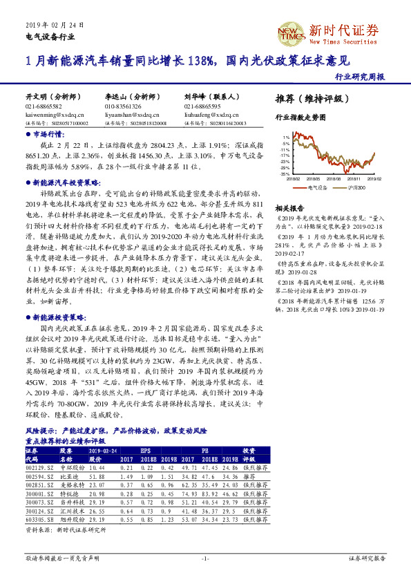 电气设备行业研究周报：1月新能源汽车销量同比增长138%，国内光伏政策征求意见