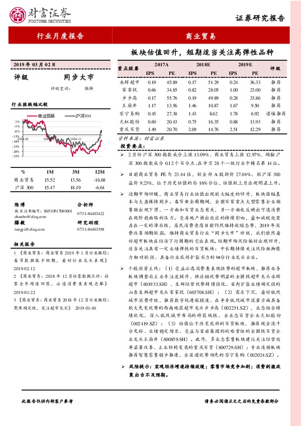 商业贸易行业月度报告：板块估值回升，短期适当关注高弹性品种