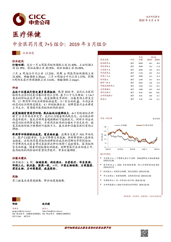 中金医药月度7+5组合：2019年3月组合